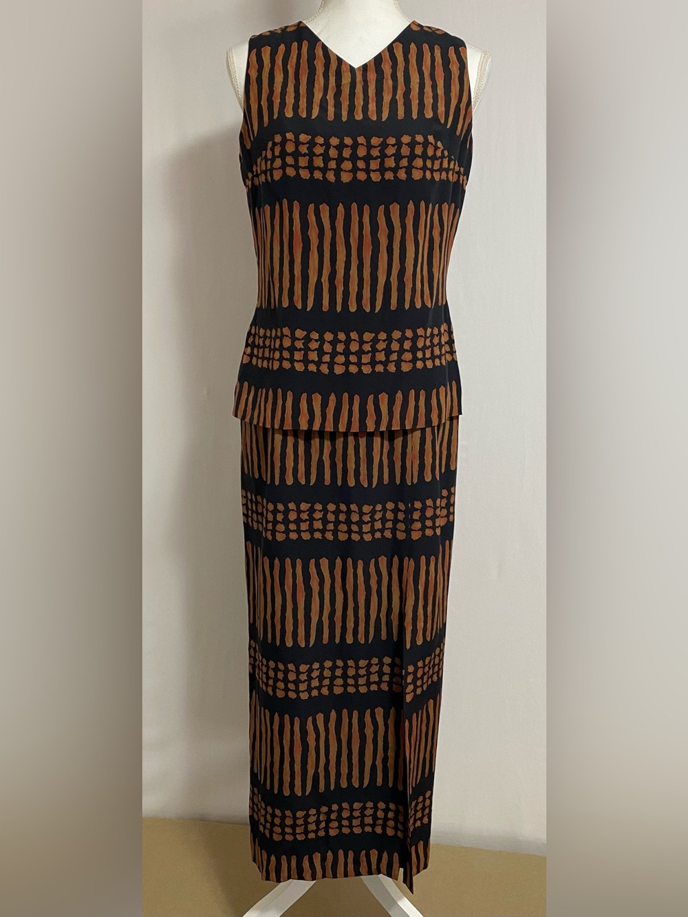 Black Maxi Dress with Rust Brown Abstract Stripe Print